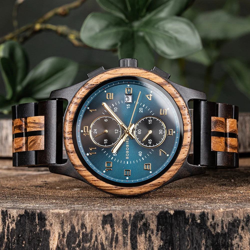 Bobo Bird Mens Wooden Chronograph Watch With Luminous Hands
