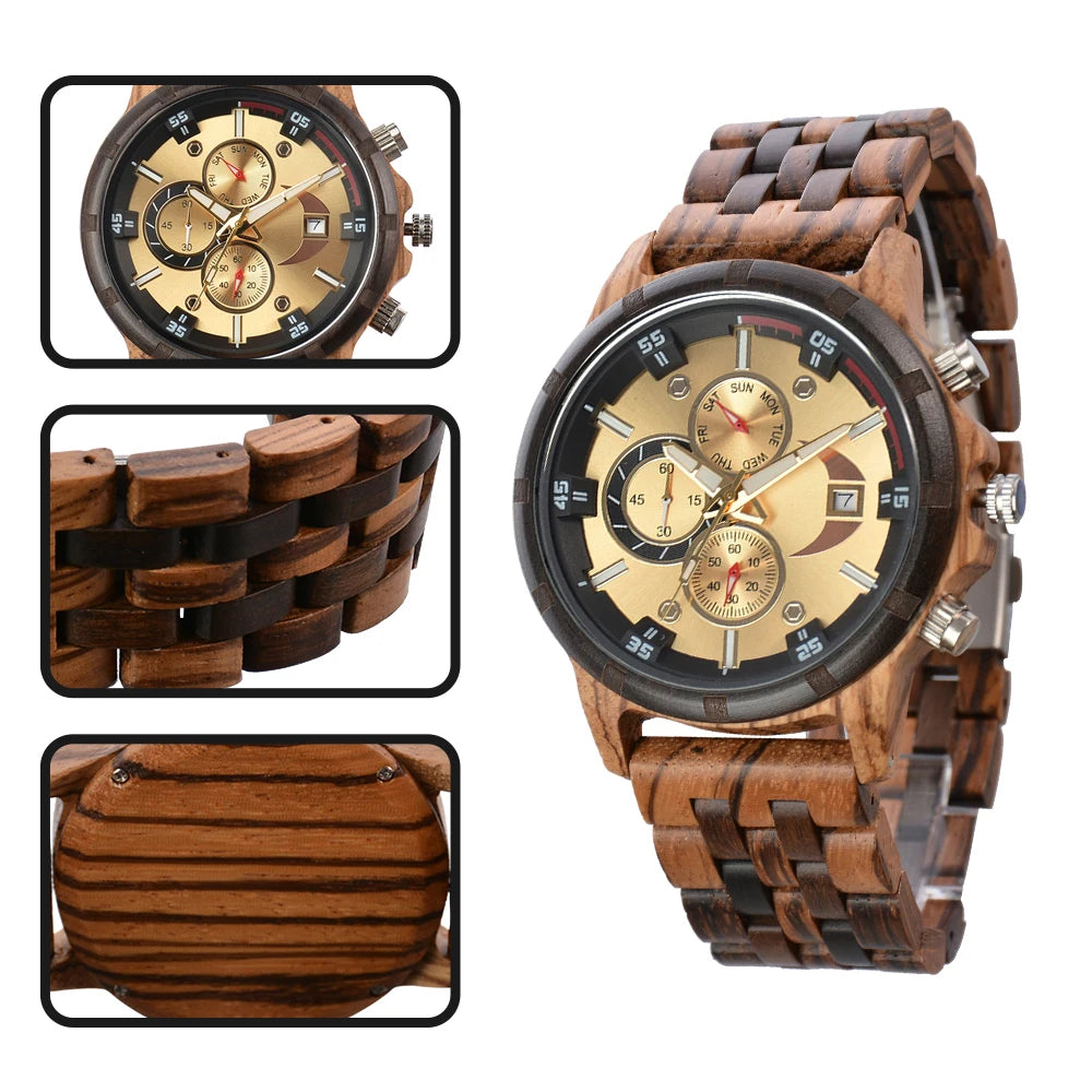 Wooden Mens Wristwatches Quartz Watch With Date And Week