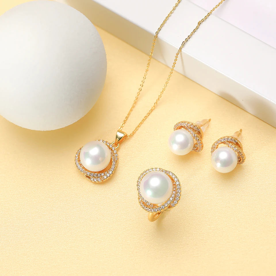 12mm Pearl Necklace Set for Women Pendant Ring and Earrings White Round Pearl Jewelry Gift for Wedding Party