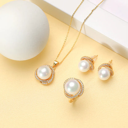 12mm Pearl Necklace Set for Women Pendant Ring and Earrings White Round Pearl Jewelry Gift for Wedding Party