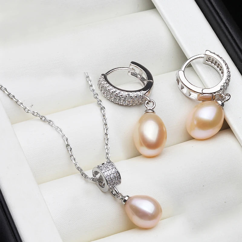 Genuine Natural Pearl Necklace And Earrings Set 925 Silver For Women White Black