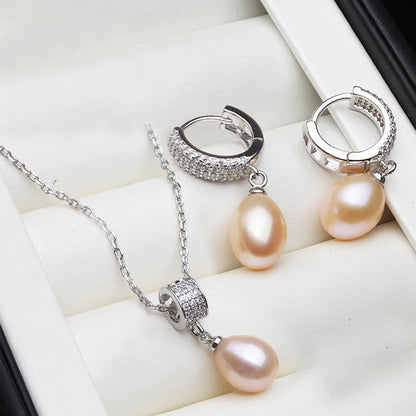 Genuine Natural Pearl Necklace And Earrings Set 925 Silver For Women White Black