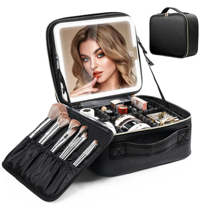 Travel Makeup Bag With LED Lighted Mirror Dividers Case
