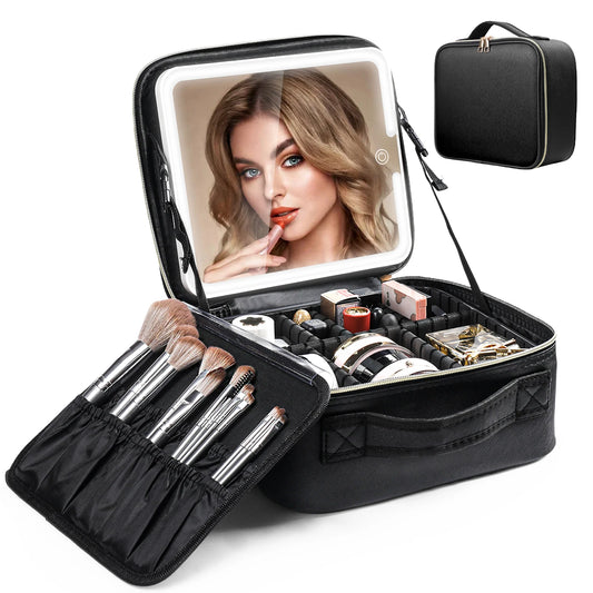Travel Makeup Bag With LED Lighted Mirror Dividers Case