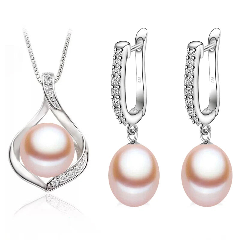 Real Natural Freshwater Pearl Necklace and Earrings Set for Women 925 Sterling Silver White Pearl Jewelry Gift
