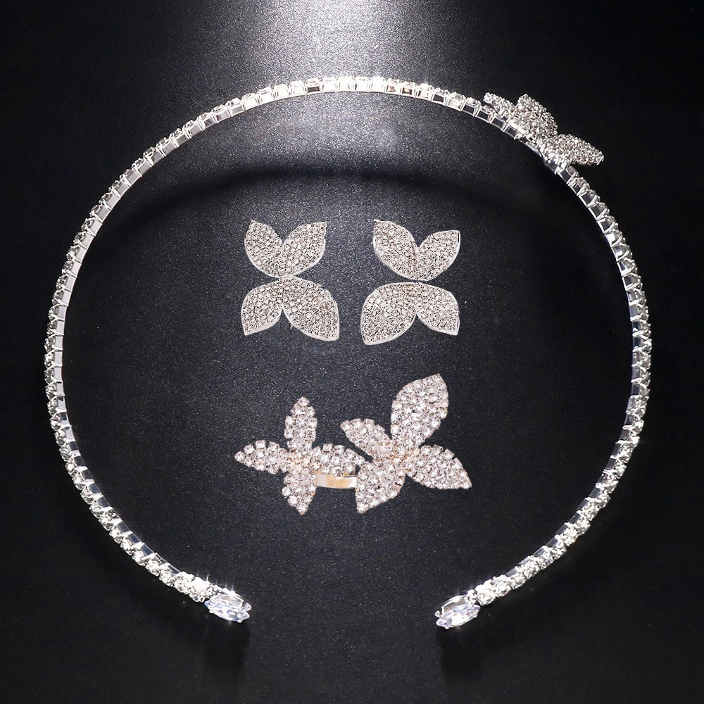 4 Piece Butterfly Flower Collar Necklace Earring Ring Set Rhinestone Jewelry For Women Bridal Open Choker Wedding