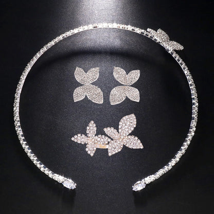 4 Piece Butterfly Flower Collar Necklace Earring Ring Set Rhinestone Jewelry For Women Bridal Open Choker Wedding