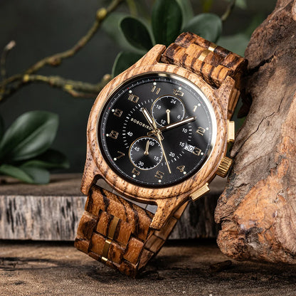 Bobo Bird Mens Wooden Chronograph Watch With Luminous Hands