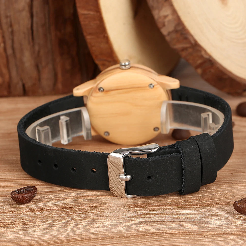 Brown Leather Wooden Watch Elegant Womens Quartz Timepiece