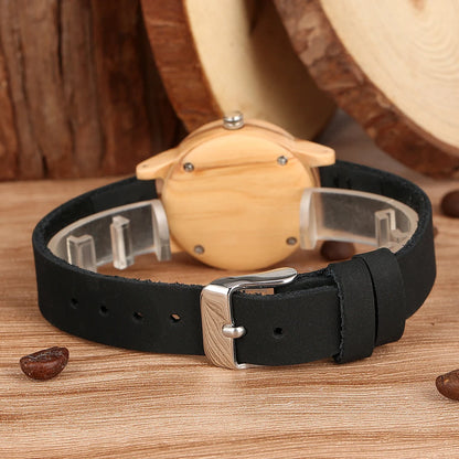 Brown Leather Wooden Watch Elegant Womens Quartz Timepiece