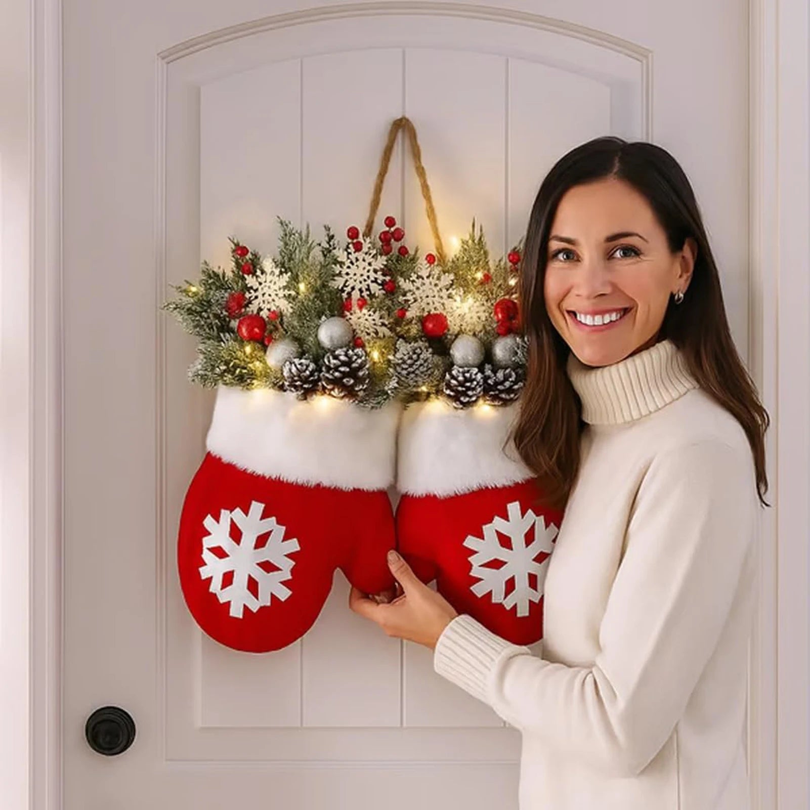 Smiling woman holds glove-shaped Christmas garland with red mitten accents, white cuffs, greenery, pinecones, and lights on a door.
