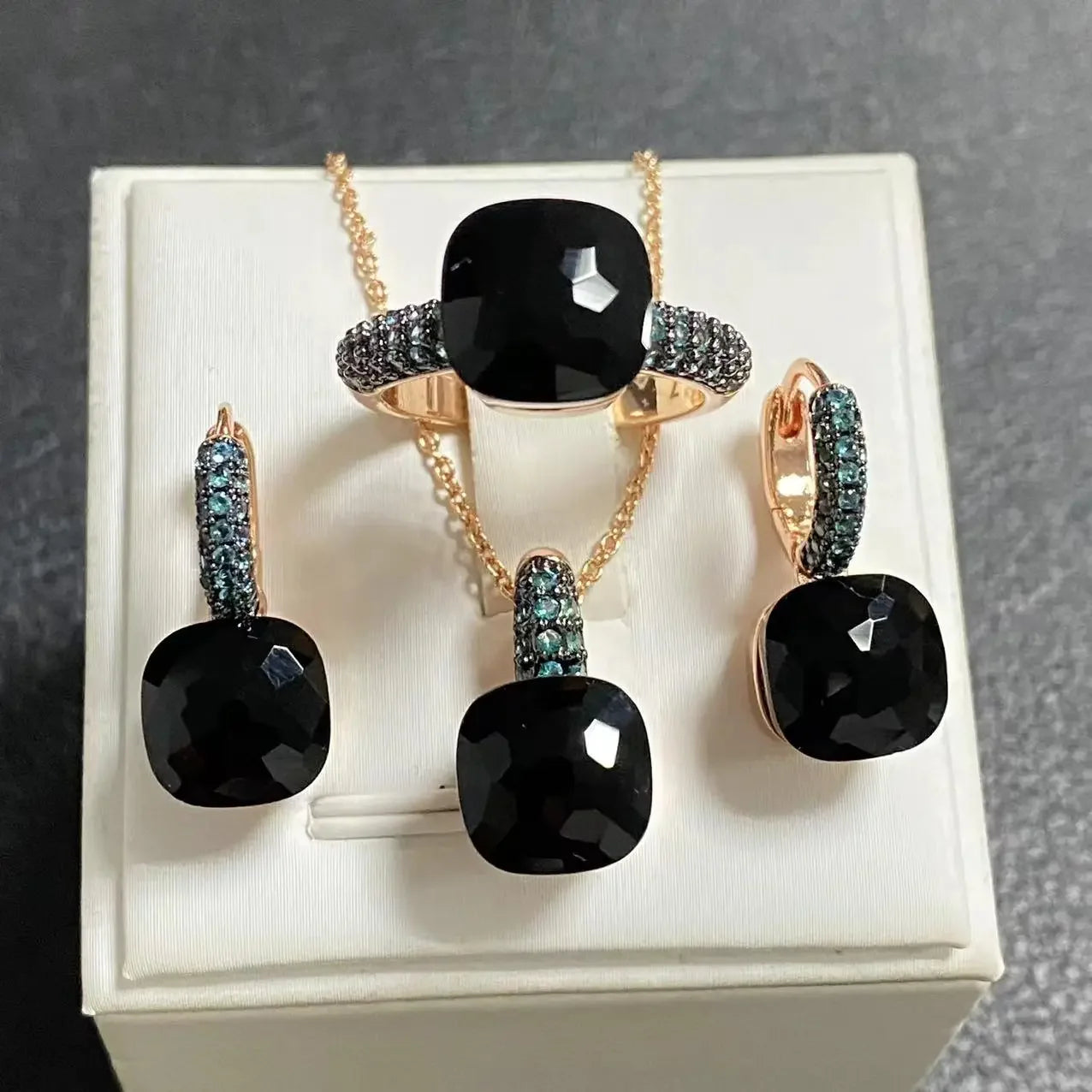 Gun Black Plated Blue Zircon Jewelry Set for Women Includes Ring Earrings Necklace Elegant Crystal Blue Topaz Gift