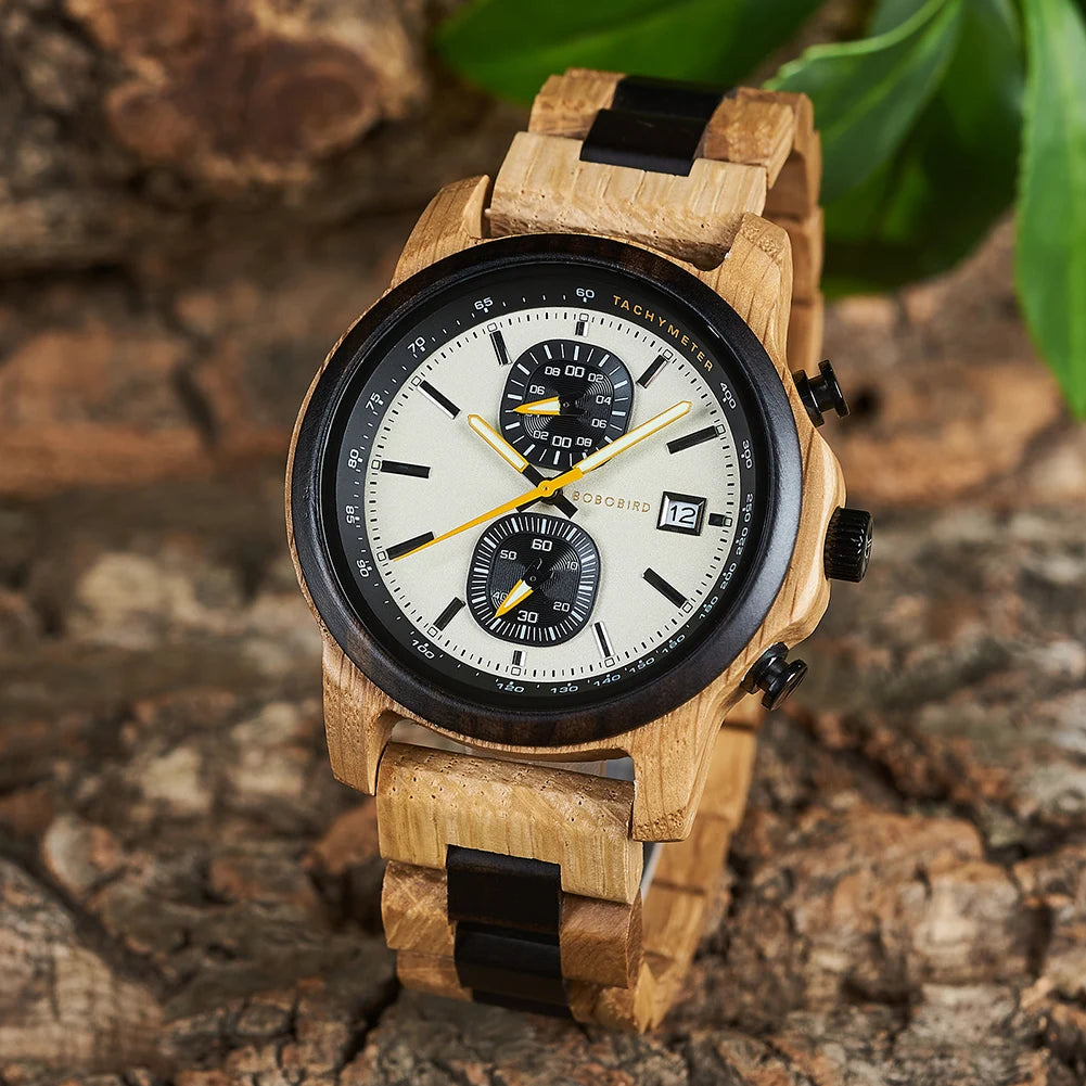Bobo Bird Wood Watch For Men Luxury Chronograph Auto Date