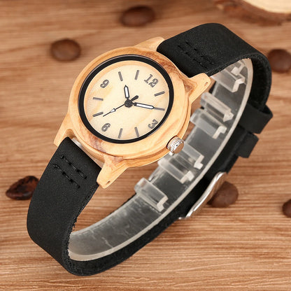 Brown Leather Wooden Watch Elegant Womens Quartz Timepiece