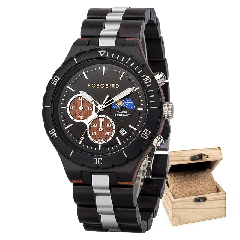 Bobo Bird Men Wooden Watch Sun Moon Display Luxury Elite
