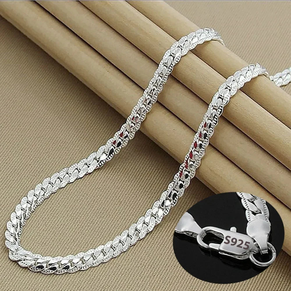 925 Sterling Silver Two Piece Full Side Chain Necklace and Bracelet Set for Women and Men Wedding Gift