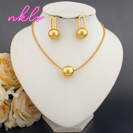 Fashion Bead Pendant Jewelry Set For Women Clip Earrings Gold Color Necklace Daily Wear Two Piece Trendy Accessories