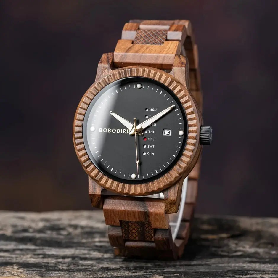 Bobo Bird Stylish Wooden Mens Watch Week And Date Display