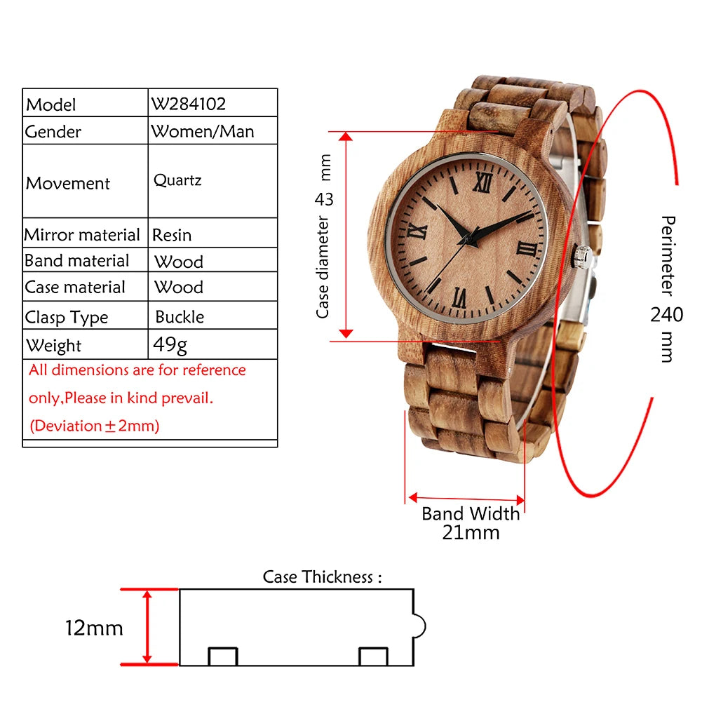 Natural Zebrawood Bangle Watch for Men Quartz Wristwatch