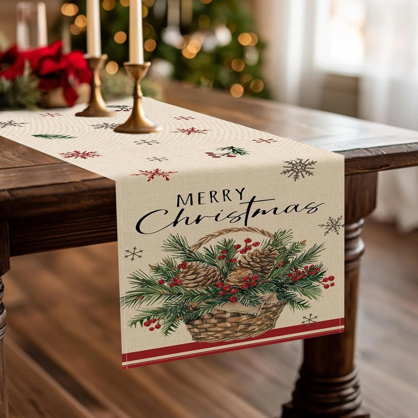 Festive Christmas Table Flag With Pine Cones And Berries For Holiday Dining