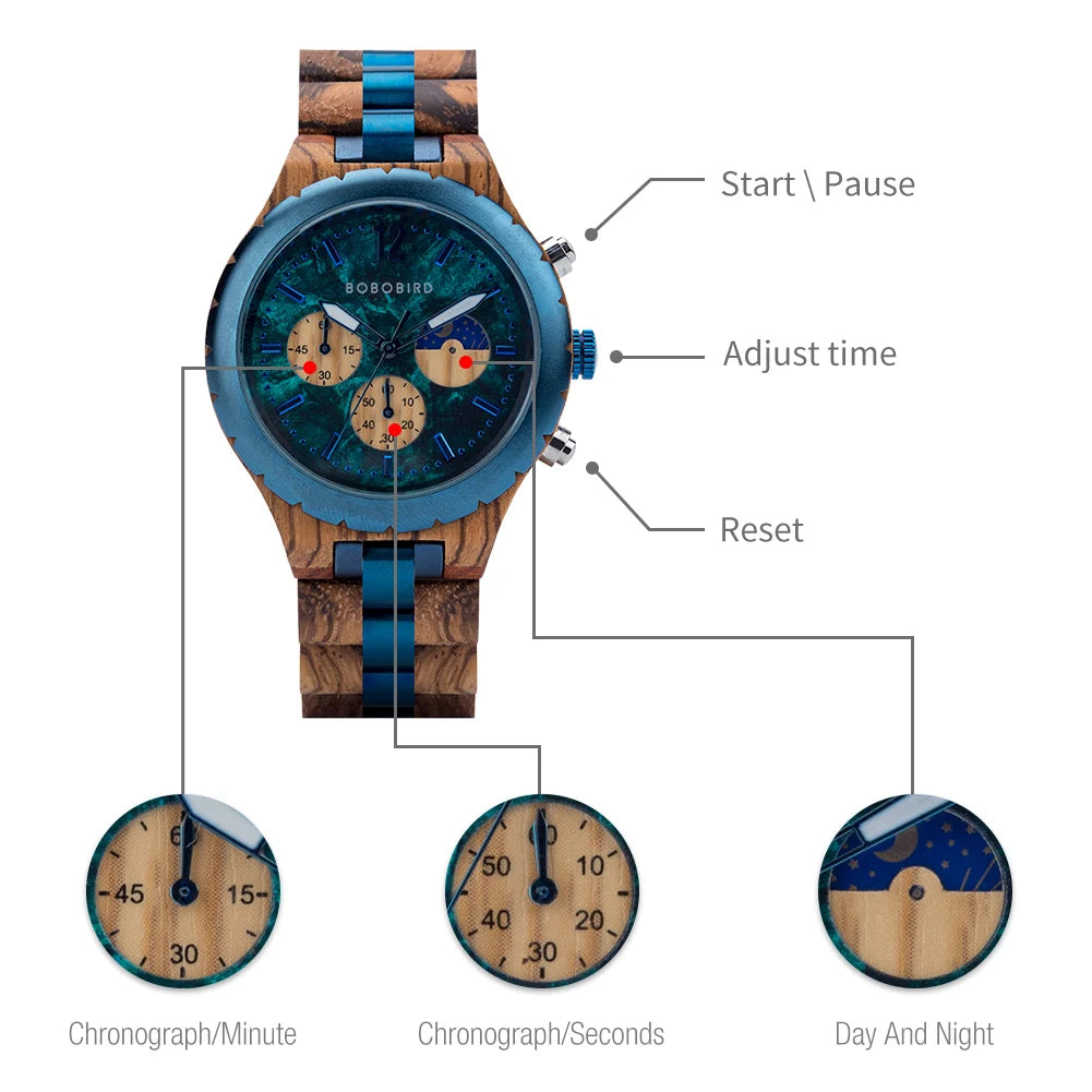 BOBO BIRD Wood Watch Men Chronograph Quartz Timepiece