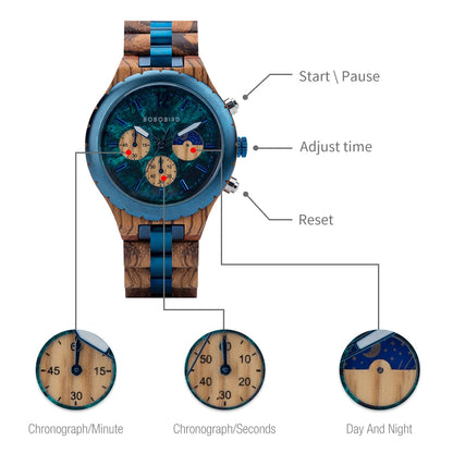 BOBO BIRD Wood Watch Men Chronograph Quartz Timepiece