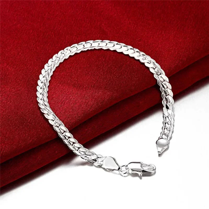 925 Sterling Silver Two Piece Full Side Chain Necklace and Bracelet Set for Women and Men Wedding Gift