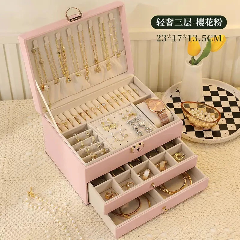Three Layer Large Capacity Jewelry Storage Box With Compartments For Necklaces Bracelets Rings Watches And Earrings