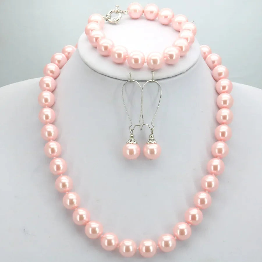 12mm Pink Pearl Jewelry Set For Women Necklace Bracelet Earrings Fashion Gift Sets For Mothers Day Anniversary Christmas
