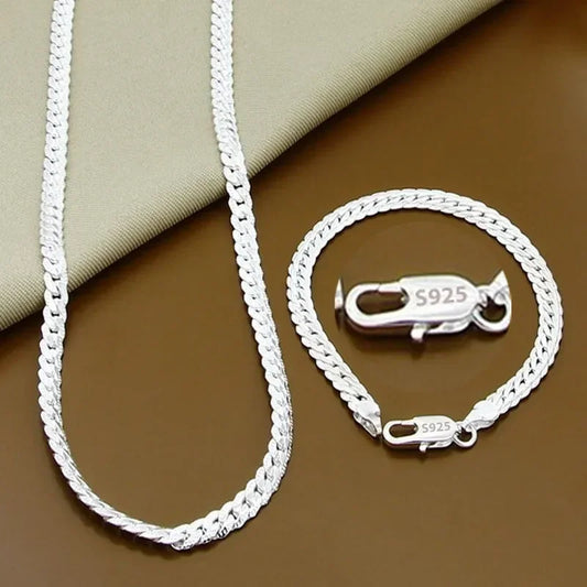 925 Sterling Silver Two Piece Full Side Chain Necklace and Bracelet Set for Women and Men Wedding Gift