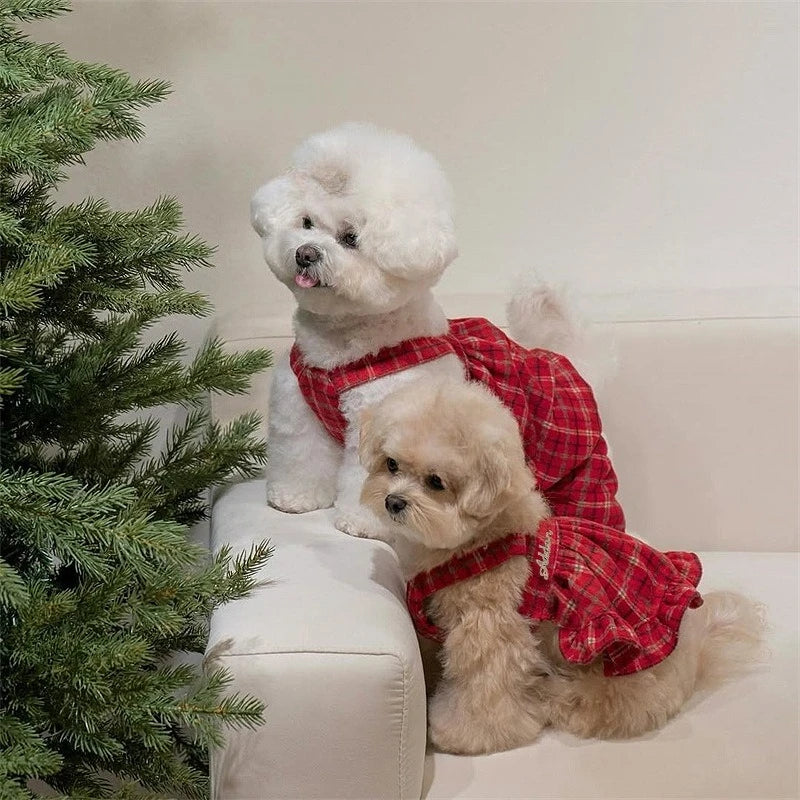 Autumn Winter Embroidered Strap Plaid Bow Skirt And Coat For Small Medium Dogs