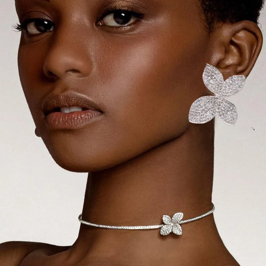 4 Piece Butterfly Flower Collar Necklace Earring Ring Set Rhinestone Jewelry For Women Bridal Open Choker Wedding