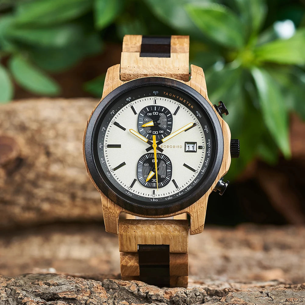 Bobo Bird Wood Watch For Men Luxury Chronograph Auto Date