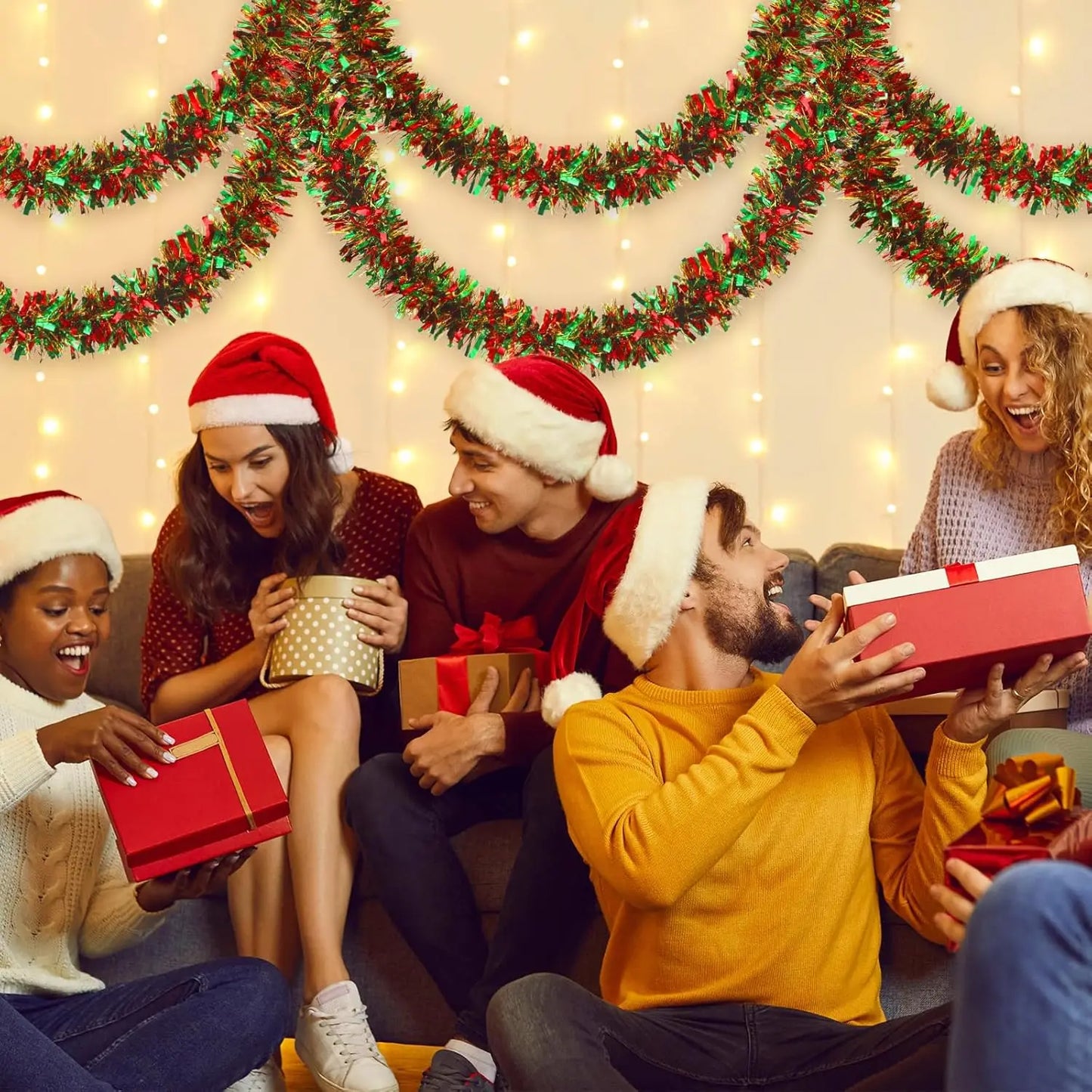 Christmas Tinsel Garlands 50M Red Green Decoration for Bar Tops Wreath Tree