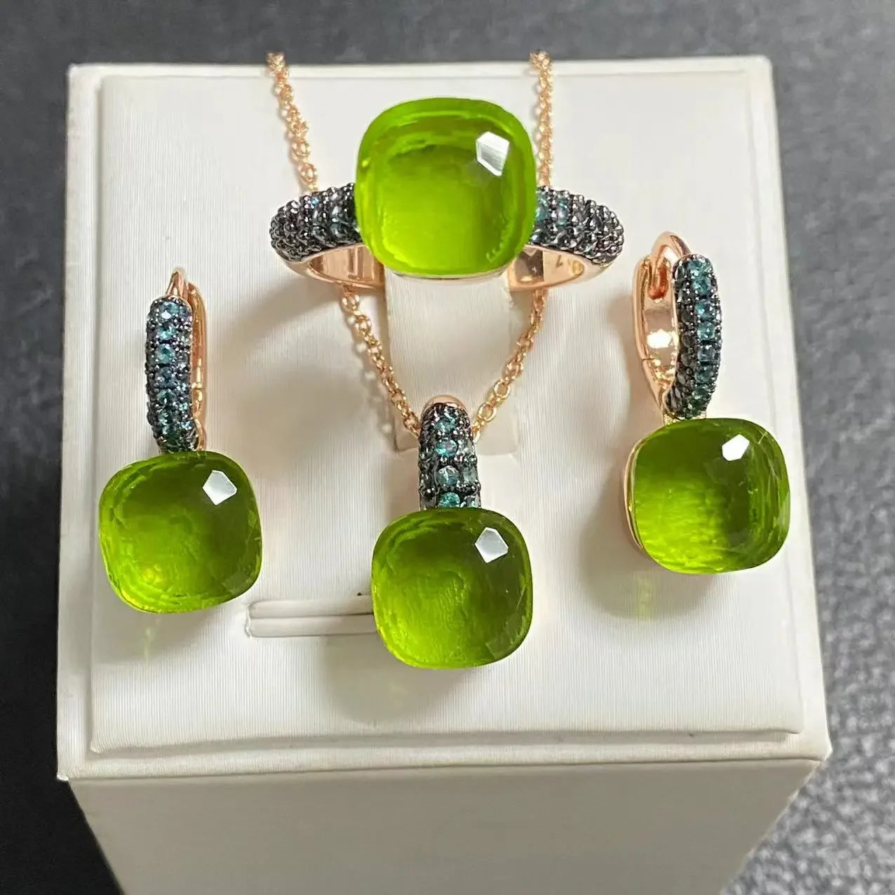 Gun Black Plated Blue Zircon Jewelry Set for Women Includes Ring Earrings Necklace Elegant Crystal Blue Topaz Gift