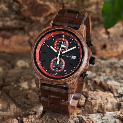 Bobo Bird Wood Watch For Men Luxury Chronograph Auto Date