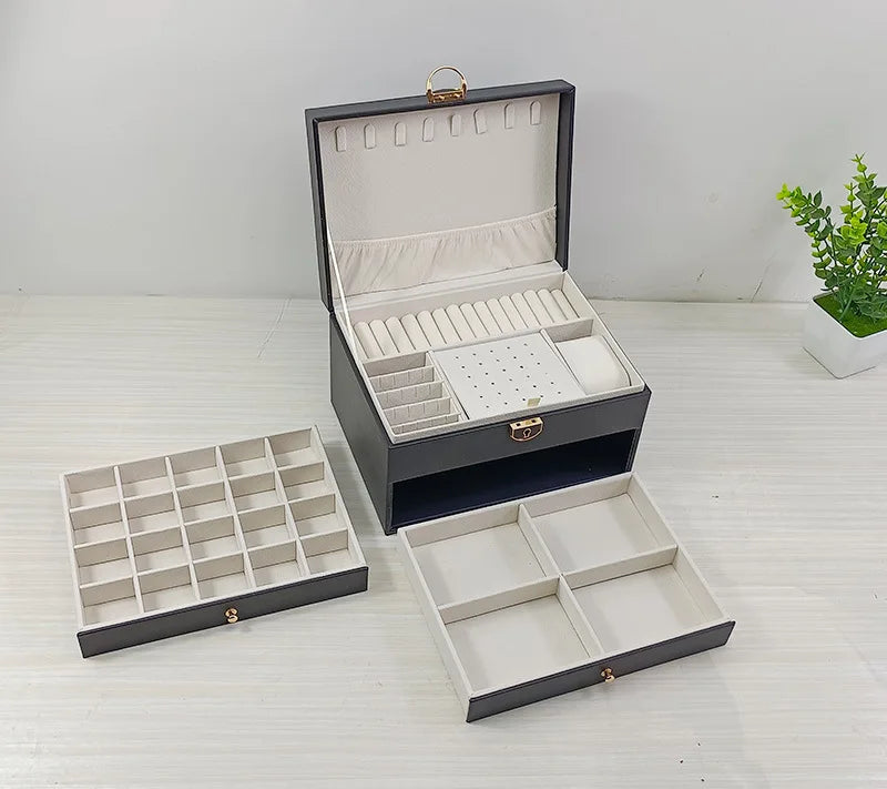 Three Layer Large Capacity Jewelry Storage Box With Compartments For Necklaces Bracelets Rings Watches And Earrings