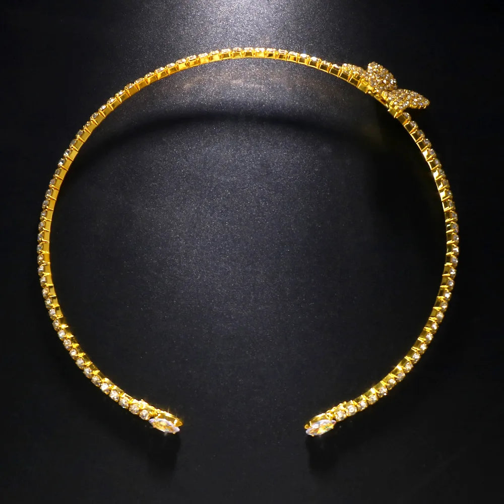 4 Piece Butterfly Flower Collar Necklace Earring Ring Set Rhinestone Jewelry For Women Bridal Open Choker Wedding