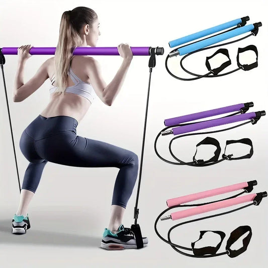Portable Pilates Bar Kit With Resistance Band Foot Loop Yoga For Core Strength