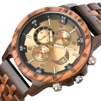 Wooden Mens Quartz Wristwatch With Date Week Display Box