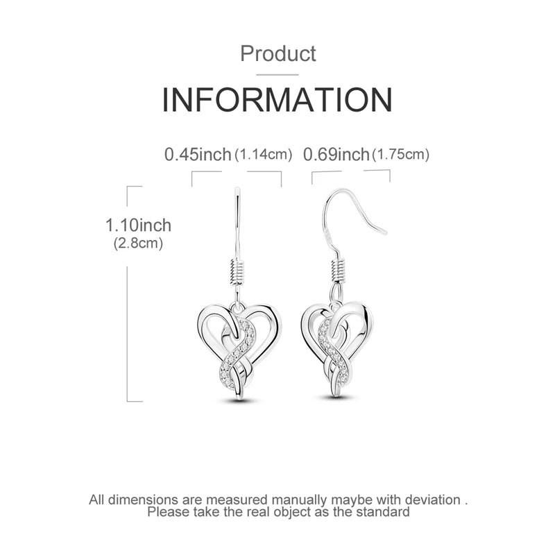 Romantic 925 Sterling Silver Heart Infinity Wrap Ring Necklace Earrings Set Crystal Jewelry Engagement Date Gifts