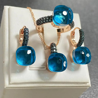 Gun Black Plated Blue Zircon Jewelry Set for Women Includes Ring Earrings Necklace Elegant Crystal Blue Topaz Gift