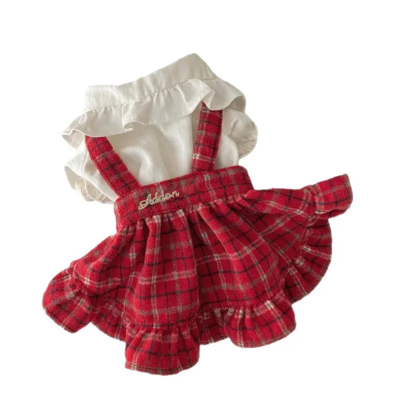 Autumn Winter Embroidered Strap Plaid Bow Skirt And Coat For Small Medium Dogs