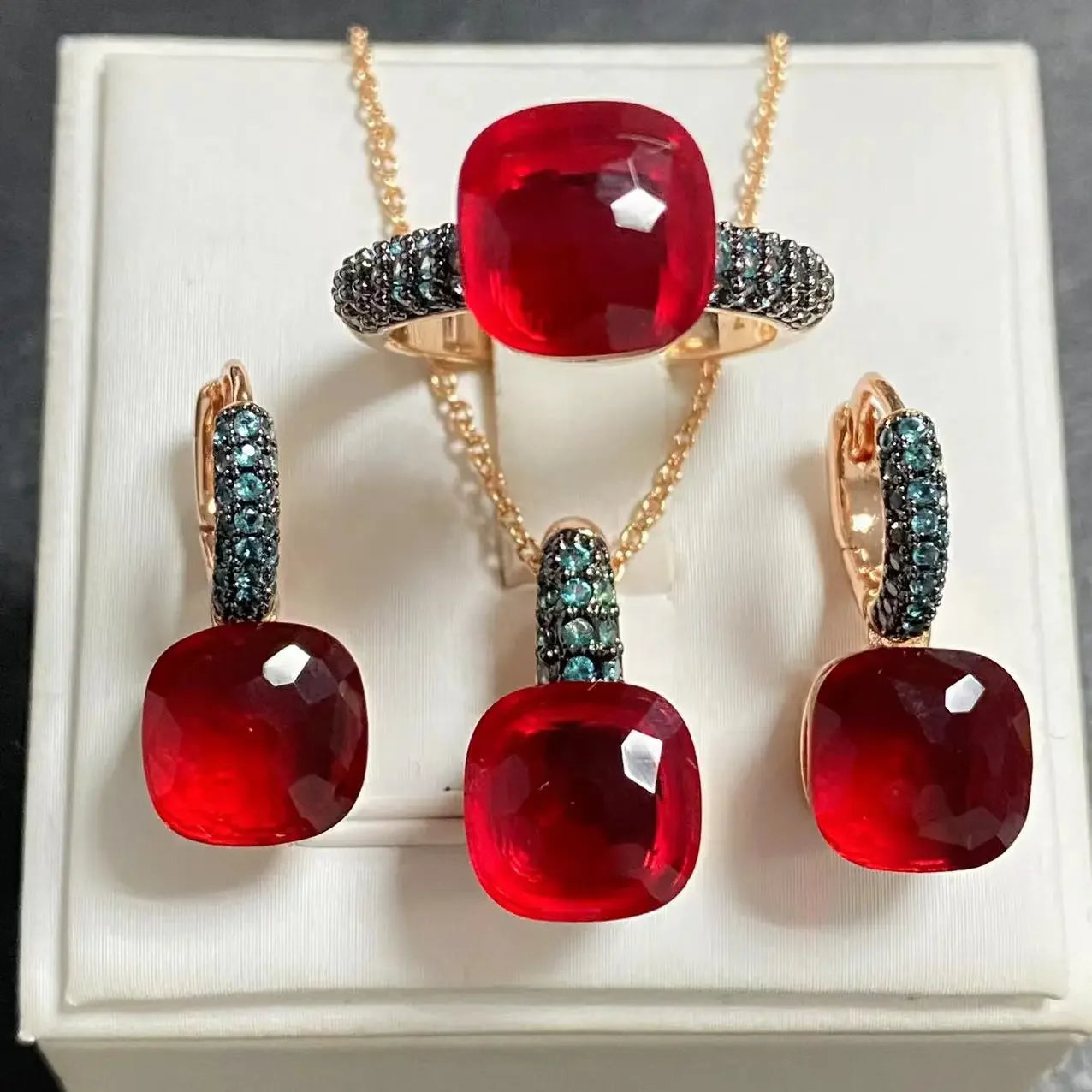 Gun Black Plated Blue Zircon Jewelry Set for Women Includes Ring Earrings Necklace Elegant Crystal Blue Topaz Gift