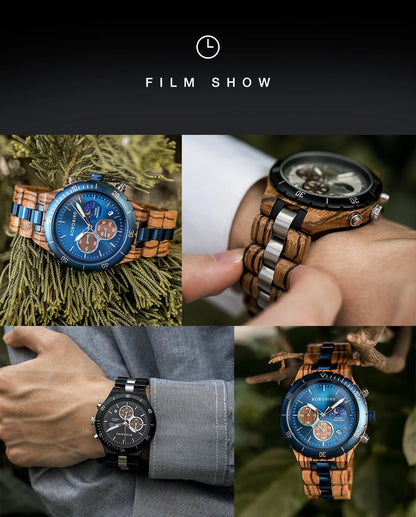Bobo Bird Men Wooden Watch Sun Moon Display Luxury Elite