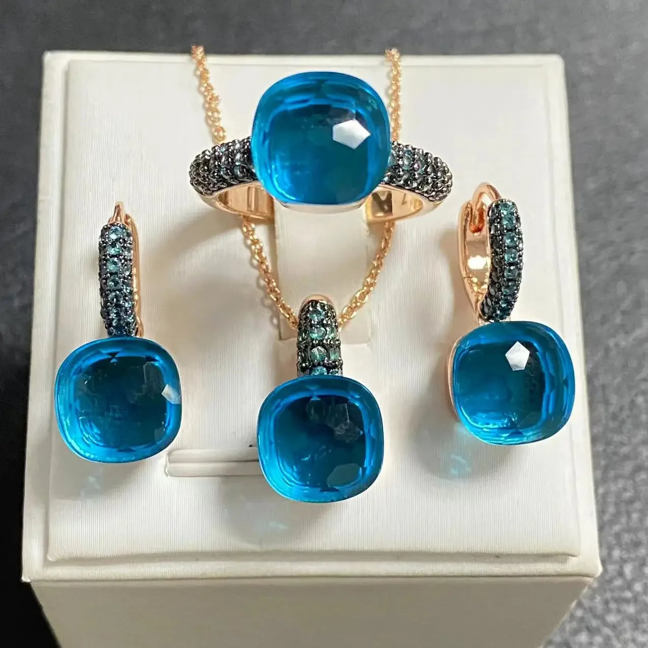 Gun Black Plated Blue Zircon Jewelry Set for Women Includes Ring Earrings Necklace Elegant Crystal Blue Topaz Gift