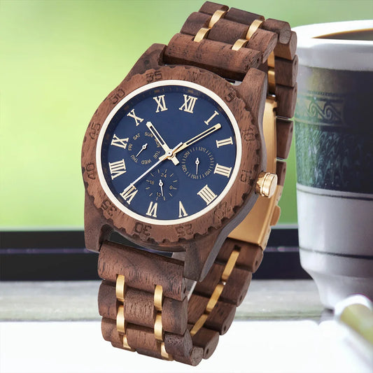 Wooden Men Wristwatch Quartz Date Week Wood Box Gift