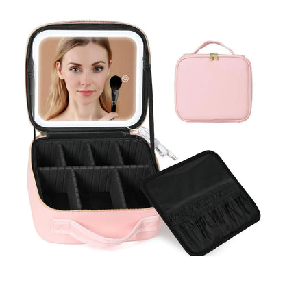 Travel Makeup Bag With LED Lighted Mirror Dividers Case