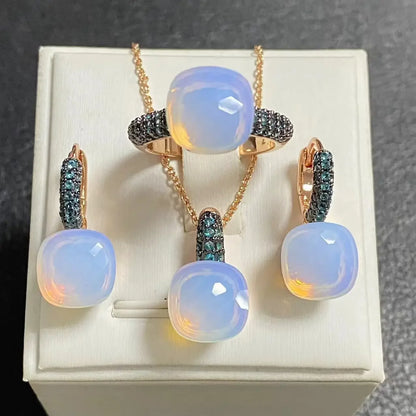 Gun Black Plated Blue Zircon Jewelry Set for Women Includes Ring Earrings Necklace Elegant Crystal Blue Topaz Gift