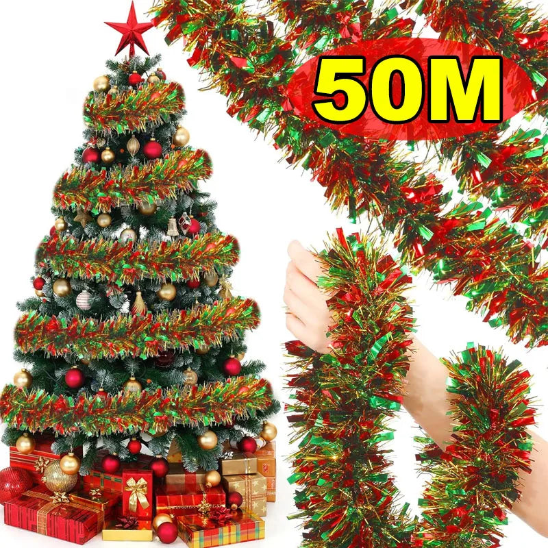 Christmas Tinsel Garlands 50M Red Green Decoration for Bar Tops Wreath Tree
